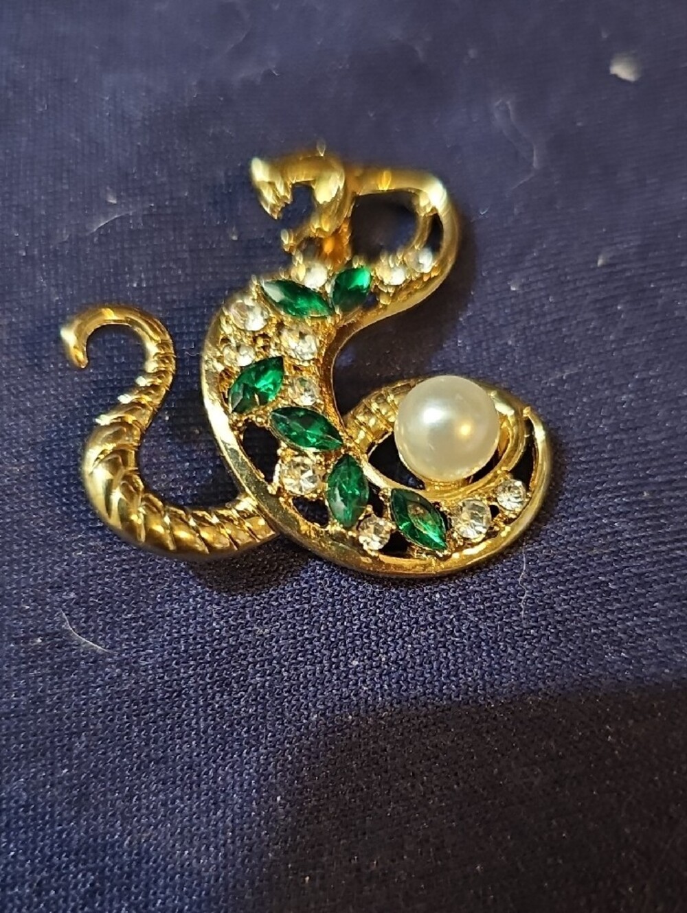 Gold Snake Brooch with Green Stones and Pearl Accent